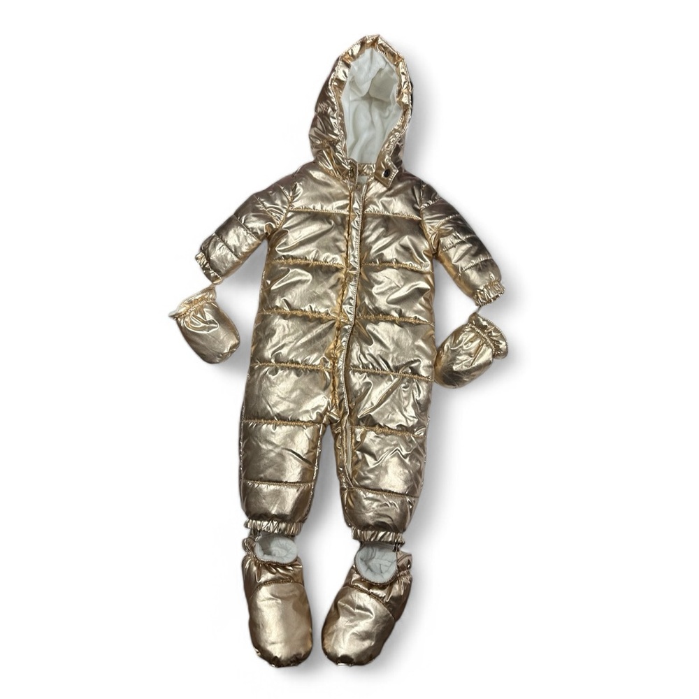 Gymboree Baby Gold Metallic Hooded Snowsuit 3-6 Months Mittens Hoodie & Booties